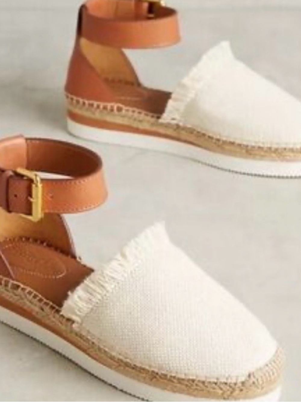 See By Chloe White Canvas Espadrille with Tan leather Ankle Strap